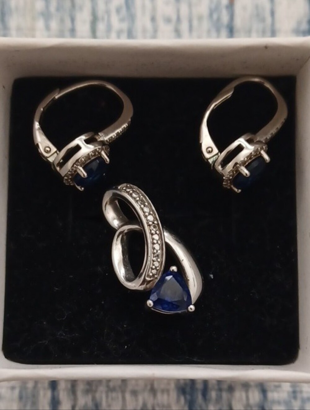 Sterling Silver 925 Sapphire And CZ Pendant & Earring Set